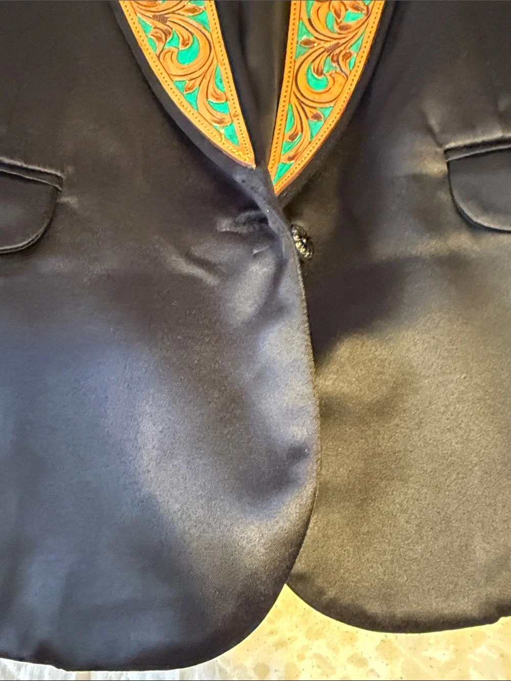 Black Blazer with Turquoise & Orange Embroidered Lapel
